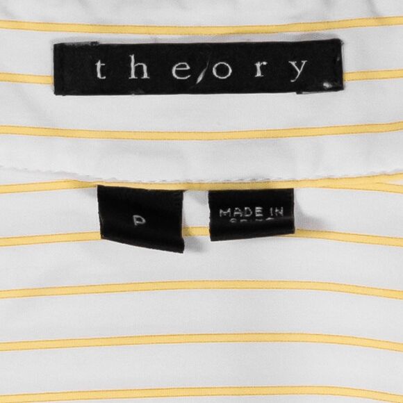 Theory Women's Shirt Button Up White Yellow Striped Stretch Pockets Blouse Top P - Picture 3 of 9
